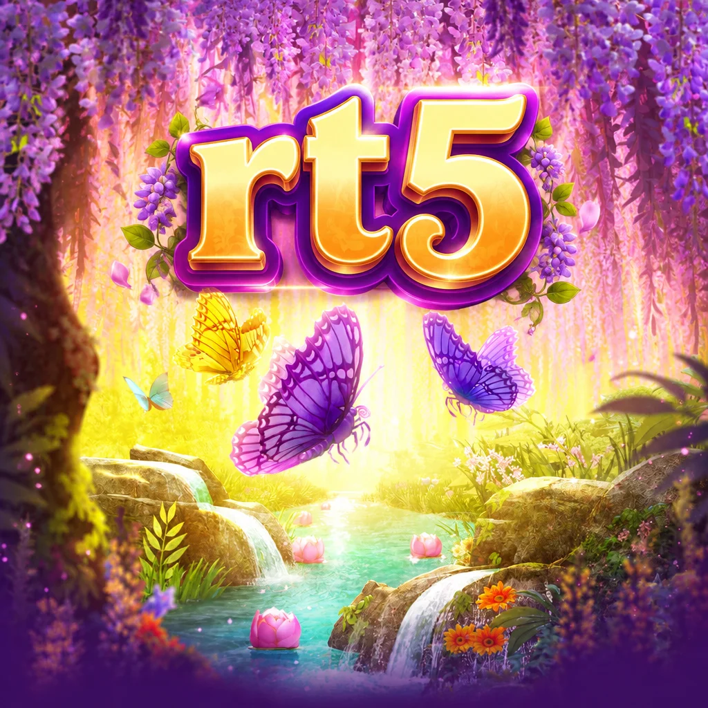 Ilustrasi Butterfly Blossom dengan logo rt5 di tengah taman bunga ungu dan kupu-kupu