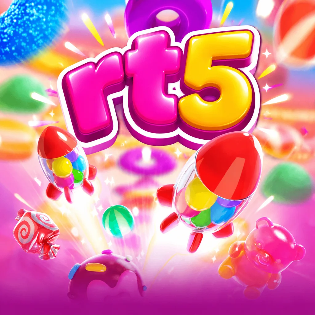 Tampilan bertema Candy Burst dengan logo rt5 berlatar permen warna-warni
